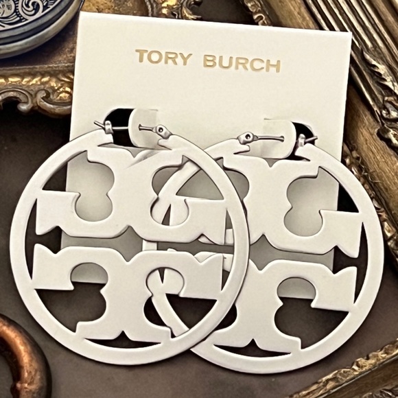 TORY BURCH • Silver Miller Logo Hoop Earrings - Picture 4 of 5